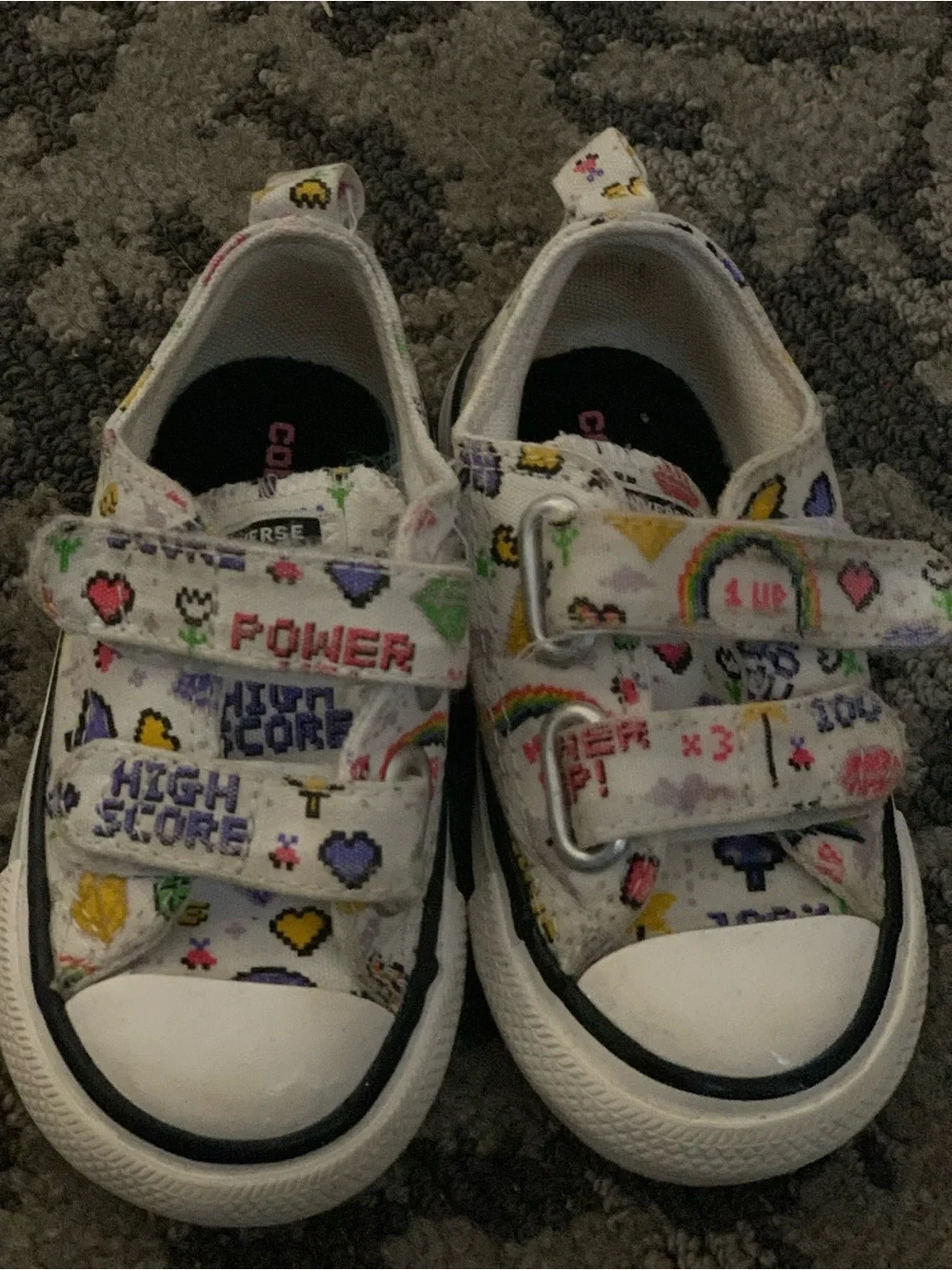 Kids White Canvas Velcro Sneakers with Colorful Pixel Graphics